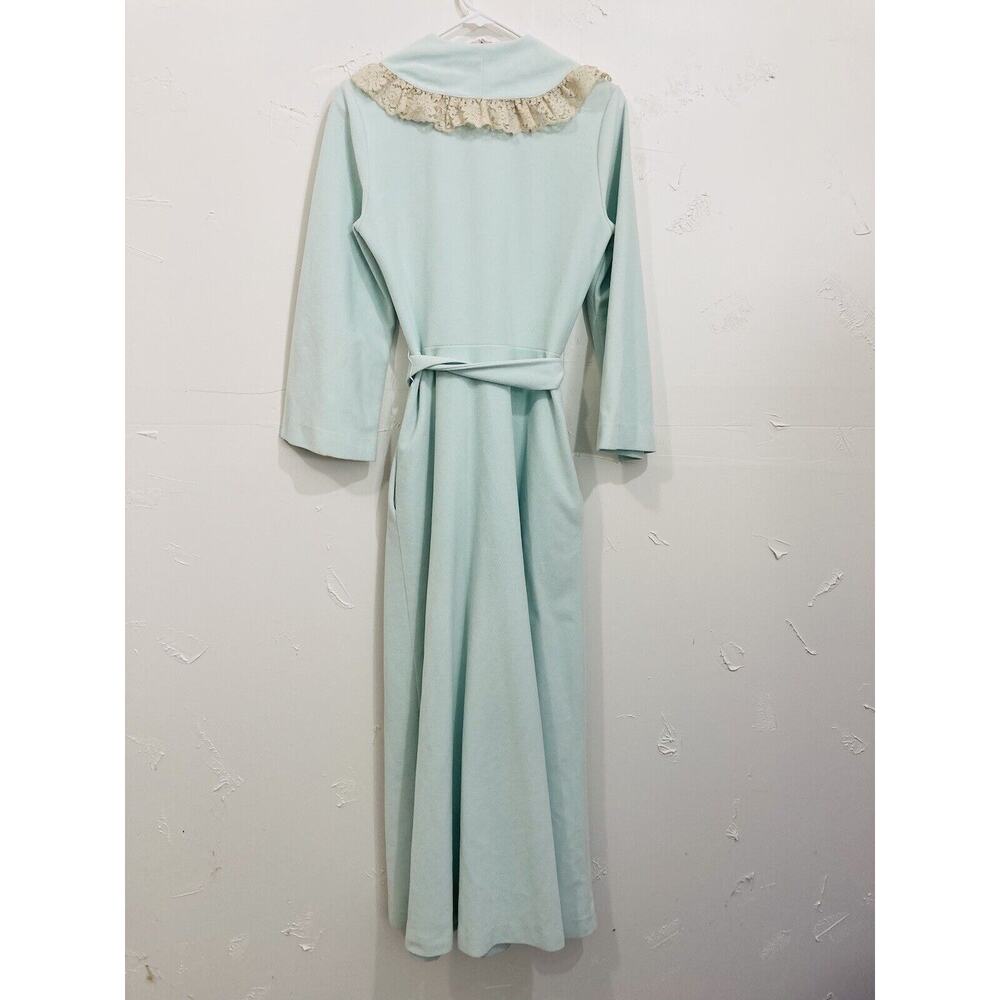 Vintage Vanity Fair Women's Long Lace Blue Green Velour Wrap Robe Size 12 Ruffle - Picture 8 of 9